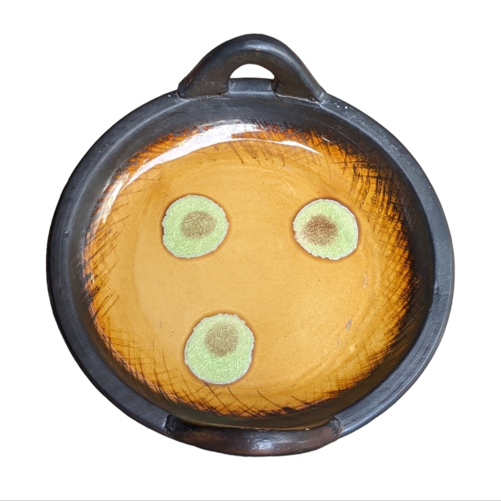 Vintage Stoneware Avocado Egg Platter (#2) Handmade Glazed Pottery with Handles